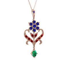 Lab safir, garnet ve yeşil kuvars 8 ayar rose altın kolye (40 cm gümüş rolo zincir)
