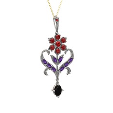 Garnet, ametist ve siyah zirkon 14 ayar beyaz altın kolye (40 cm gümüş rolo zincir)
