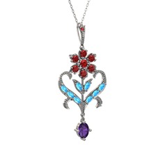 Ade Kraliyet Kolye - Garnet, akuamarin ve ametist 925 ayar gümüş kolye (40 cm gümüş rolo zincir) #110fx59