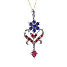 Lab safir, garnet ve rodolit garnet 14 ayar beyaz altın kolye (40 cm gümüş rolo zincir)