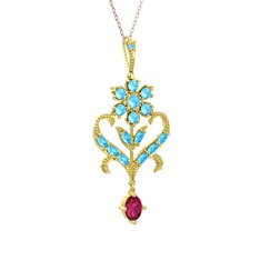 Akuamarin ve rodolit garnet 14 ayar altın kolye (40 cm rose altın rolo zincir)