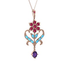 Ade Kraliyet Kolye - Rodolit garnet, akuamarin ve ametist 8 ayar rose altın kolye (40 cm rose altın rolo zincir) #11k9g71