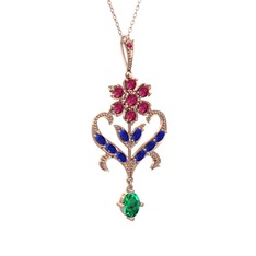 Rodolit garnet, lab safir ve yeşil kuvars 8 ayar rose altın kolye (40 cm rose altın rolo zincir)
