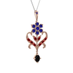 Lab safir, garnet ve siyah zirkon 925 ayar rose altın kaplama gümüş kolye (40 cm beyaz altın rolo zincir)