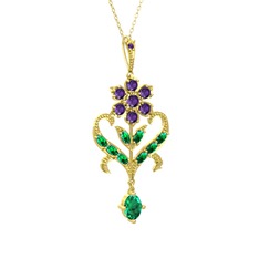 Ametist ve yeşil kuvars 8 ayar altın kolye (40 cm altın rolo zincir)