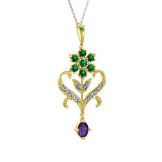 Yeşil kuvars, beyaz zirkon ve ametist 925 ayar altın kaplama gümüş kolye (40 cm gümüş rolo zincir)