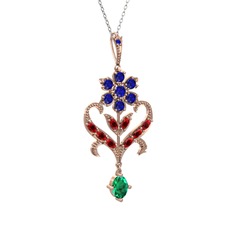 Ade Kraliyet Kolye - Lab safir, garnet ve yeşil kuvars 8 ayar rose altın kolye (40 cm beyaz altın rolo zincir) #1268wjo