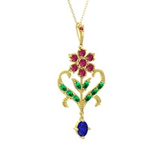 Rodolit garnet, yeşil kuvars ve lab safir 8 ayar altın kolye (40 cm altın rolo zincir)