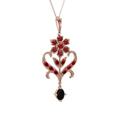 Garnet ve siyah zirkon 925 ayar rose altın kaplama gümüş kolye (40 cm rose altın rolo zincir)