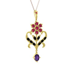 Ade Kraliyet Kolye - Rodolit garnet, siyah zirkon ve ametist 8 ayar altın kolye (40 cm rose altın rolo zincir) #12tg99v