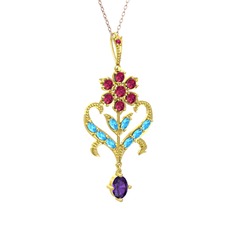 Rodolit garnet, akuamarin ve ametist 8 ayar altın kolye (40 cm rose altın rolo zincir)