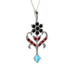 Siyah zirkon, garnet ve akuamarin 14 ayar beyaz altın kolye (40 cm rose altın rolo zincir)
