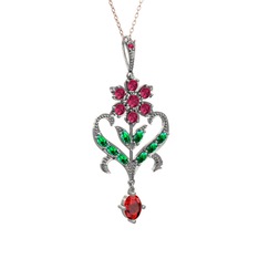 Rodolit garnet, yeşil kuvars ve garnet 925 ayar gümüş kolye (40 cm gümüş rolo zincir)