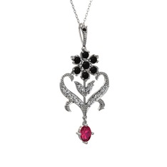 Siyah zirkon, beyaz zirkon ve rodolit garnet 14 ayar beyaz altın kolye (40 cm beyaz altın rolo zincir)