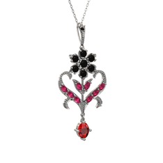 Siyah zirkon, rodolit garnet ve garnet 8 ayar beyaz altın kolye (40 cm gümüş rolo zincir)
