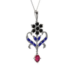 Siyah zirkon, lab safir ve rodolit garnet 8 ayar beyaz altın kolye (40 cm beyaz altın rolo zincir)