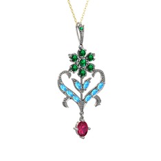 Yeşil kuvars, akuamarin ve rodolit garnet 14 ayar beyaz altın kolye (40 cm gümüş rolo zincir)