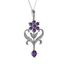 Ade Kraliyet Kolye - Ametist ve beyaz zirkon 14 ayar beyaz altın kolye (40 cm rose altın rolo zincir) #14ox748