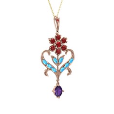 Ade Kraliyet Kolye - Garnet, akuamarin ve ametist 925 ayar rose altın kaplama gümüş kolye (40 cm altın rolo zincir) #14y7nea