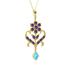 Ade Kraliyet Kolye - Ametist ve akuamarin 8 ayar altın kolye (40 cm gümüş rolo zincir) #1537czz