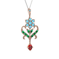 Akuamarin, yeşil kuvars ve garnet 925 ayar rose altın kaplama gümüş kolye (40 cm beyaz altın rolo zincir)