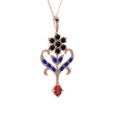 Siyah zirkon, lab safir ve garnet 8 ayar rose altın kolye (40 cm gümüş rolo zincir)