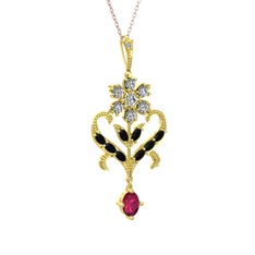 Beyaz zirkon, siyah zirkon ve rodolit garnet 8 ayar altın kolye (40 cm rose altın rolo zincir)