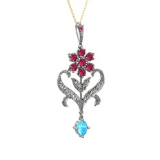 Rodolit garnet, beyaz zirkon ve akuamarin 8 ayar beyaz altın kolye (40 cm altın rolo zincir)