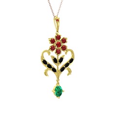 Garnet, siyah zirkon ve yeşil kuvars 14 ayar altın kolye (40 cm rose altın rolo zincir)