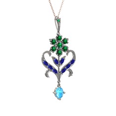 Ade Kraliyet Kolye - Yeşil kuvars, lab safir ve akuamarin 14 ayar beyaz altın kolye (40 cm rose altın rolo zincir) #15vada5