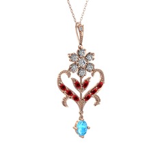 Beyaz zirkon, garnet ve akuamarin 14 ayar rose altın kolye (40 cm gümüş rolo zincir)
