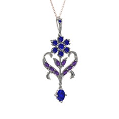 Lab safir ve ametist 14 ayar beyaz altın kolye (40 cm rose altın rolo zincir)