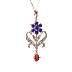 Lab safir, beyaz zirkon ve garnet 8 ayar rose altın kolye (40 cm gümüş rolo zincir)