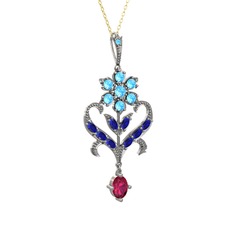 Akuamarin, lab safir ve rodolit garnet 14 ayar beyaz altın kolye (40 cm gümüş rolo zincir)