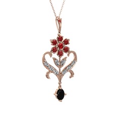 Garnet, beyaz zirkon ve siyah zirkon 8 ayar rose altın kolye (40 cm gümüş rolo zincir)