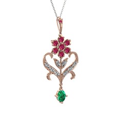 Rodolit garnet, beyaz zirkon ve yeşil kuvars 925 ayar rose altın kaplama gümüş kolye (40 cm beyaz altın rolo zincir)