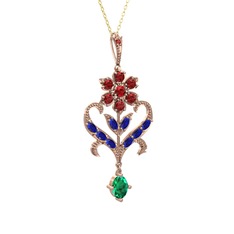 Garnet, lab safir ve yeşil kuvars 8 ayar rose altın kolye (40 cm altın rolo zincir)