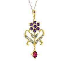 Ade Kraliyet Kolye - Ametist, beyaz zirkon ve rodolit garnet 8 ayar altın kolye (40 cm gümüş rolo zincir) #17ktz1q