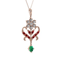 Beyaz zirkon, garnet ve yeşil kuvars 14 ayar rose altın kolye (40 cm rose altın rolo zincir)