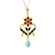 Garnet, siyah zirkon ve akuamarin 925 ayar altın kaplama gümüş kolye (40 cm gümüş rolo zincir)