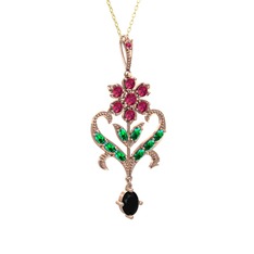 Ade Kraliyet Kolye - Rodolit garnet, yeşil kuvars ve siyah zirkon 925 ayar rose altın kaplama gümüş kolye (40 cm altın rolo zincir) #17yo3fp