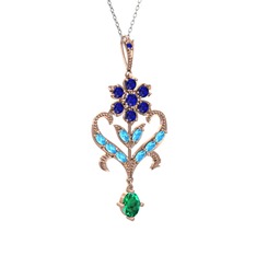 Lab safir, akuamarin ve yeşil kuvars 14 ayar rose altın kolye (40 cm beyaz altın rolo zincir)