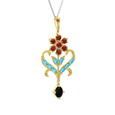Garnet, akuamarin ve siyah zirkon 14 ayar altın kolye (40 cm beyaz altın rolo zincir)