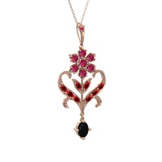 Ade Kraliyet Kolye - Rodolit garnet, garnet ve siyah zirkon 8 ayar rose altın kolye (40 cm gümüş rolo zincir) #18vx9rx