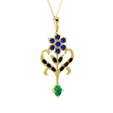 Lab safir, siyah zirkon ve yeşil kuvars 925 ayar altın kaplama gümüş kolye (40 cm altın rolo zincir)
