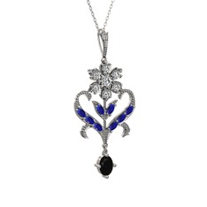 Beyaz zirkon, lab safir ve siyah zirkon 8 ayar beyaz altın kolye (40 cm beyaz altın rolo zincir)