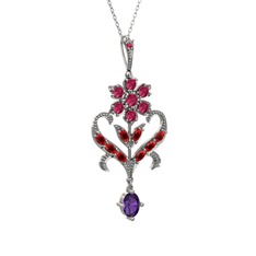Rodolit garnet, garnet ve ametist 8 ayar beyaz altın kolye (40 cm gümüş rolo zincir)