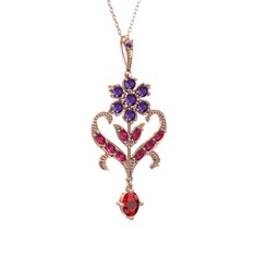 Ametist, rodolit garnet ve garnet 8 ayar rose altın kolye (40 cm gümüş rolo zincir)