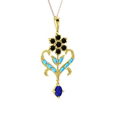 Siyah zirkon, akuamarin ve lab safir 925 ayar altın kaplama gümüş kolye (40 cm gümüş rolo zincir)