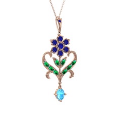 Lab safir, yeşil kuvars ve akuamarin 14 ayar rose altın kolye (40 cm rose altın rolo zincir)